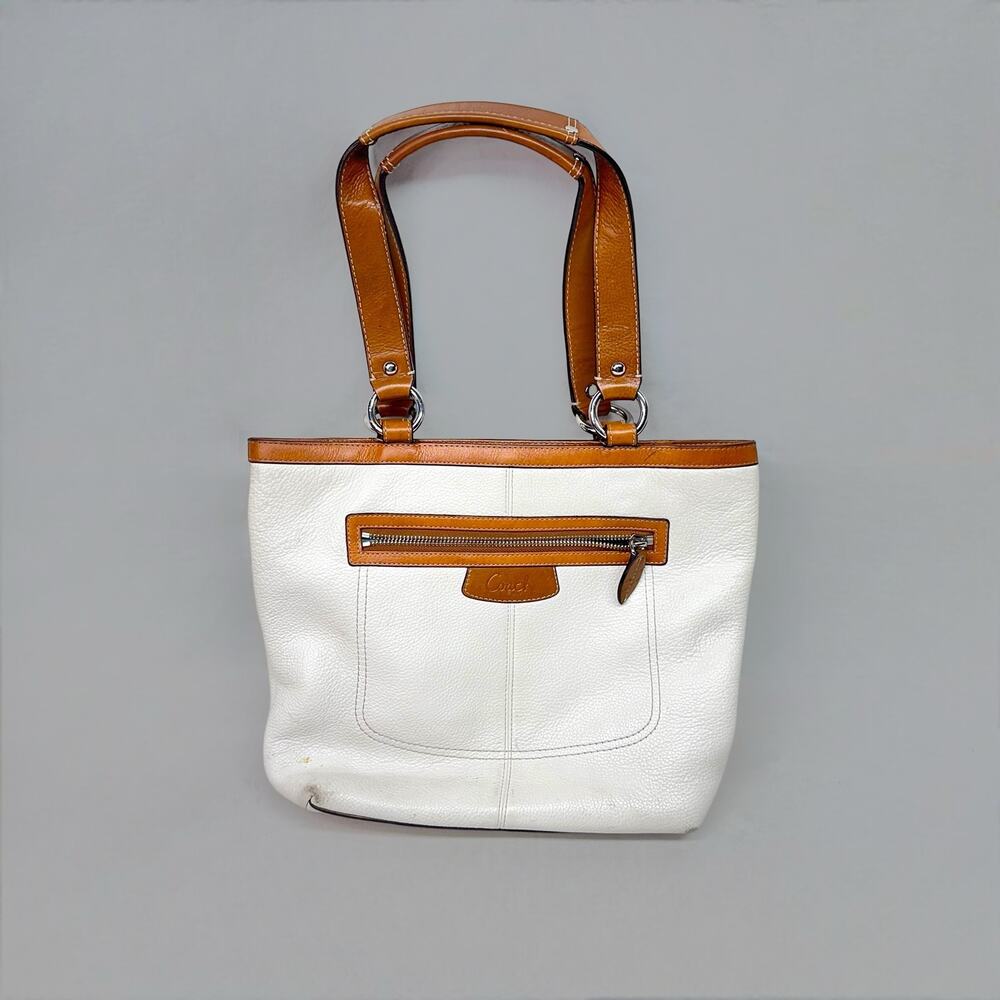 Vintage Coach Leather Tote Bag in White and Tan - Signature Design